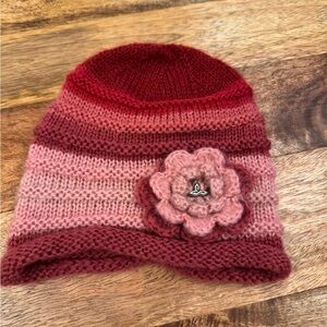 Prana Beanie Red And Pilnk with Flower Accent
